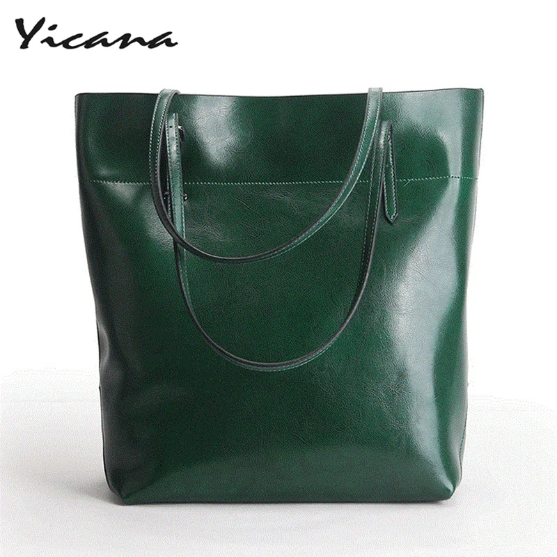 

Yicana 2018 Spring/Summer 100% Cow Leather women's handbags simple large-capacity waxing cowhide shopping bags shoulder bags