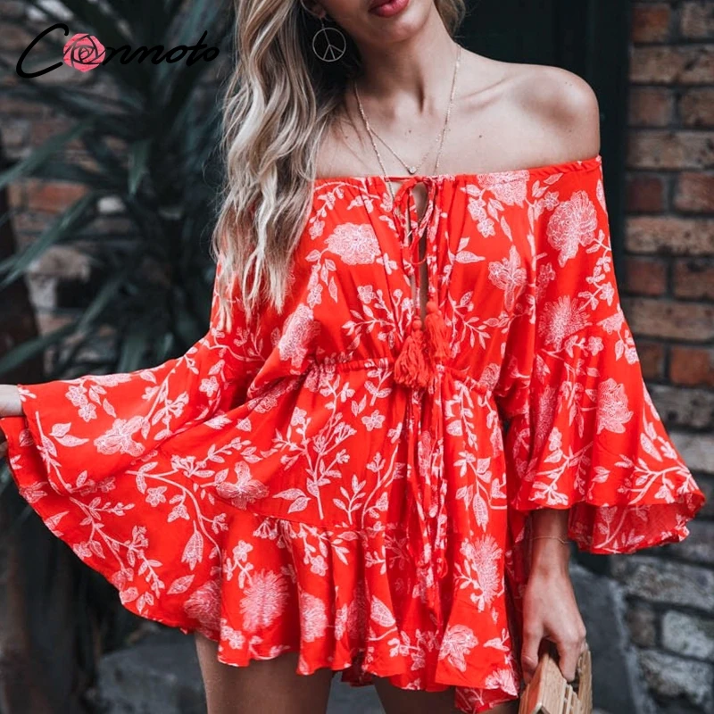 Conmoto Ruffles Summer Vintage Women Casual Playsuits Print Off Shoulder 2019 Short Jumpsuit Rompers Bohemian Playsuit