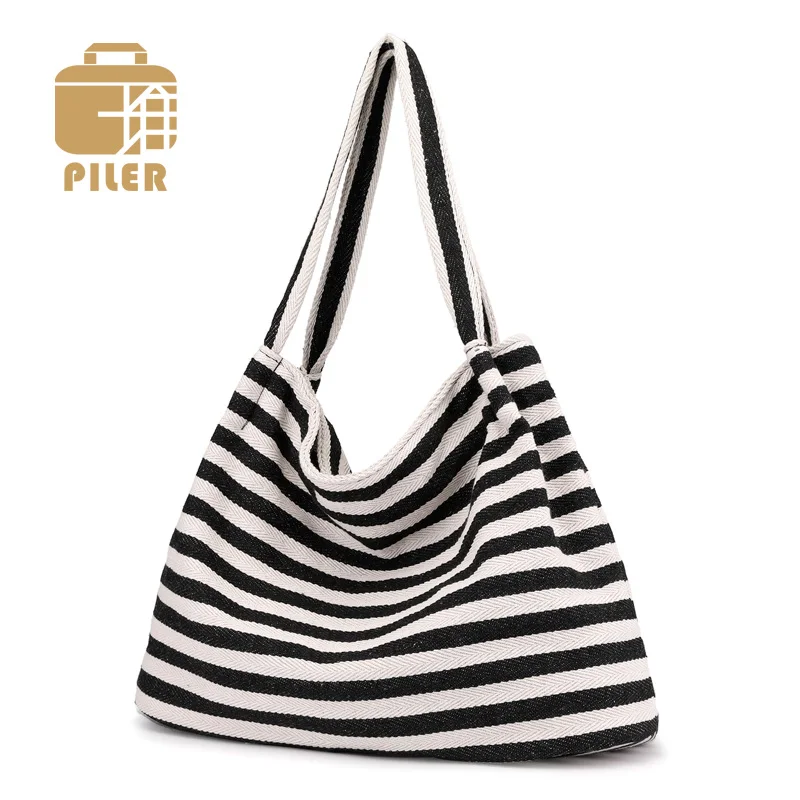 

Piler Fashion Canvas Striped Bag Women Handbags Casual Tote Ladies Bohemian Shopping Bag Large Summer Beach Bag for Women 2019