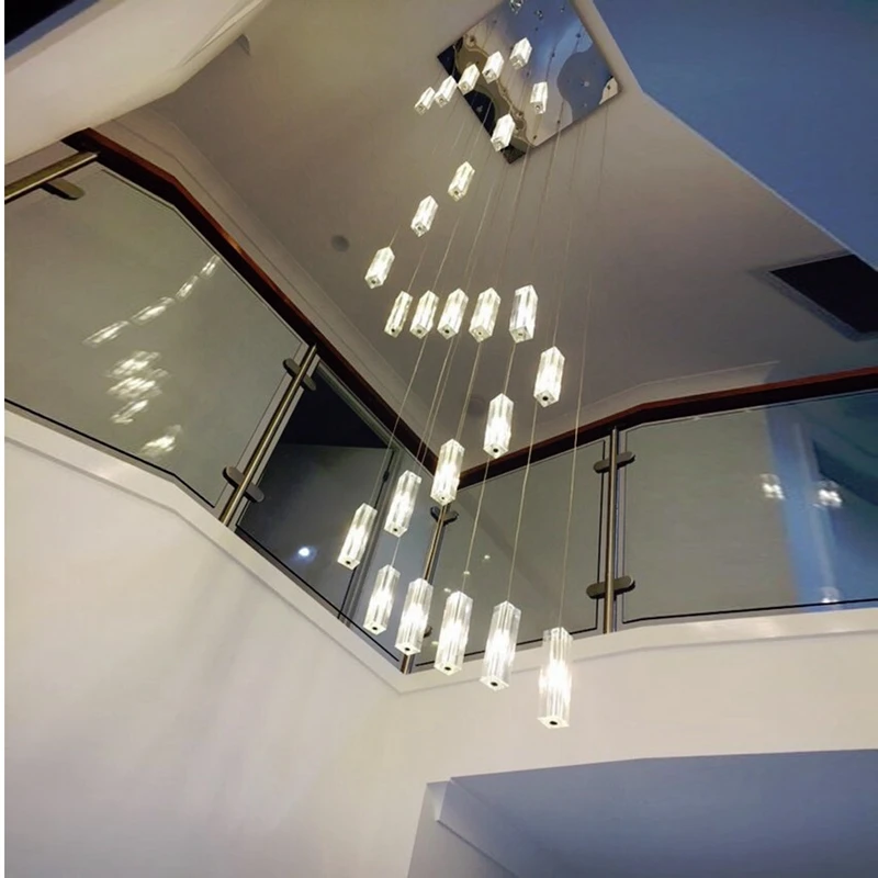 

LukLoy Modern Style Simple Villa Crystal Block Long Line LED Chandelier "S" type Rotating Double Staircase Living Room Lamp