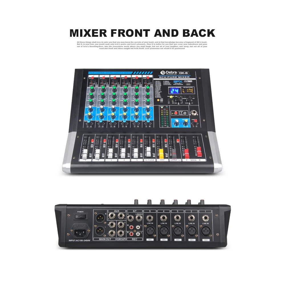 Debra Audio DX-6 6-Channel Audio Mixer dj controller Sound Board with 24 DSP Effect USB Bluetooth XLR Jack Aux Input