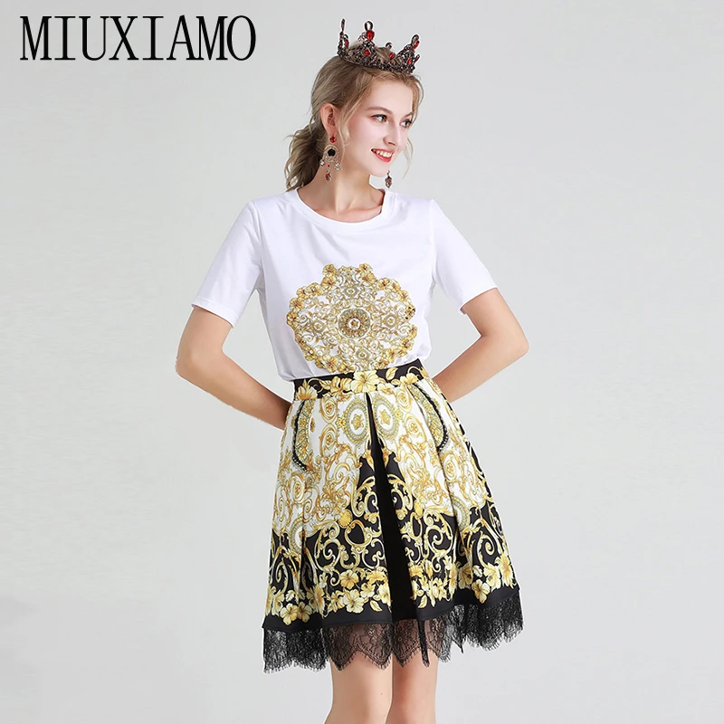 

MIUXIMAO TOP QUALITY 2019 FALL New Arrival Fashion Suit Sets 2 Piece Half Sleeve Top + Above Knee Skirt Flower Print Suit Women