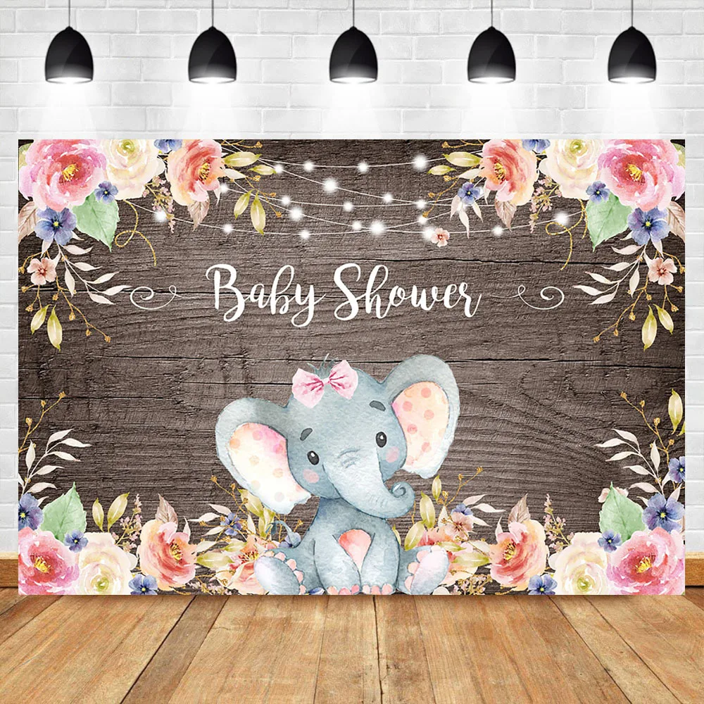

Elephant Baby Shower Photography Backdrop Pink Flower Cute Animal Background Wood Baby Shower Party Dessert Table Decorate Props