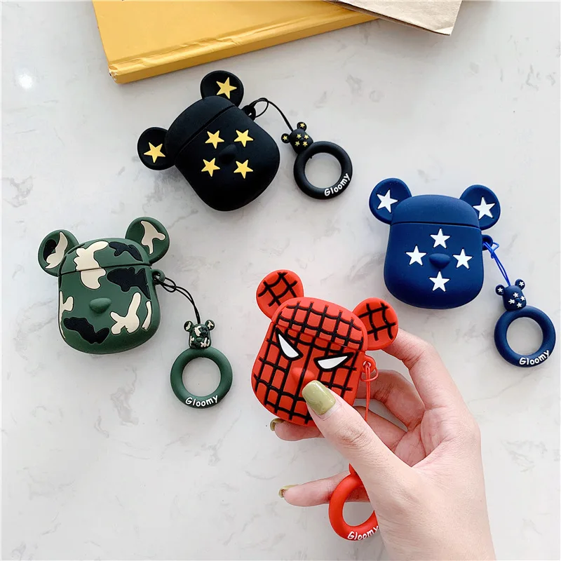 Cartoon Protective Case for AirPods Cute Cover Silicone Bluetooth Earphone Case for Apple Airpods 2 Finger Ring Camouflage Bear