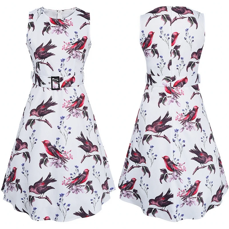 

New Bird Print Robe Vintage Pin Up Dress 2019 Women Summer Dresses Tunic Jurken 60s Retro 50s Rockabilly Dress Casual Vestidos
