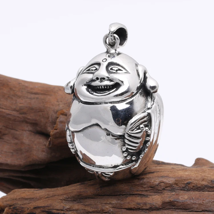 Good Luck Charms 925 Sterling Silver Laughing Buddha Pendant Necklace