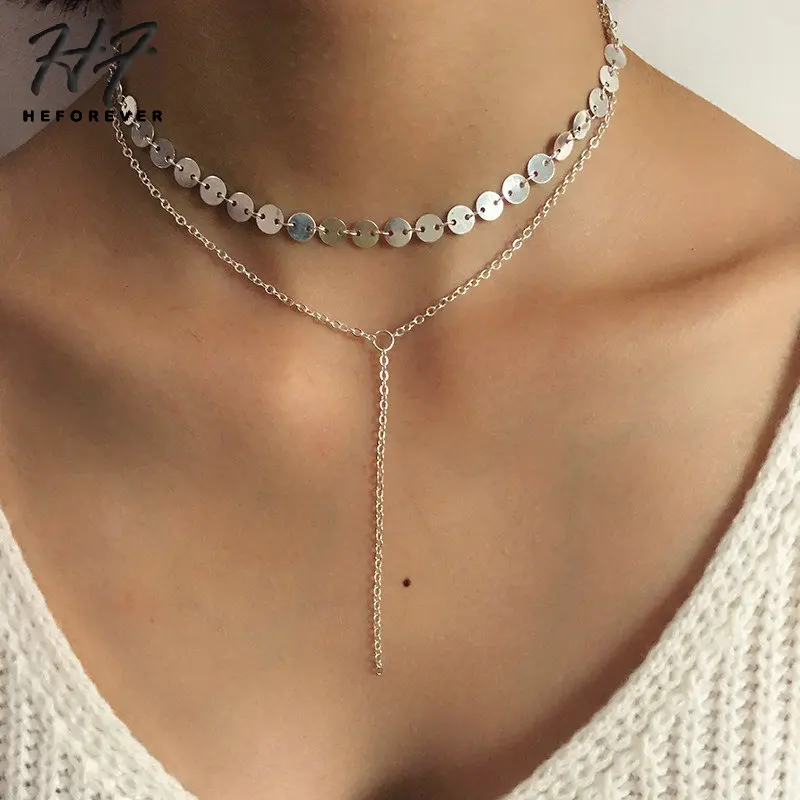 Trendy Multilayer Alloy Choker Necklaces for Women Gold Color Sequins