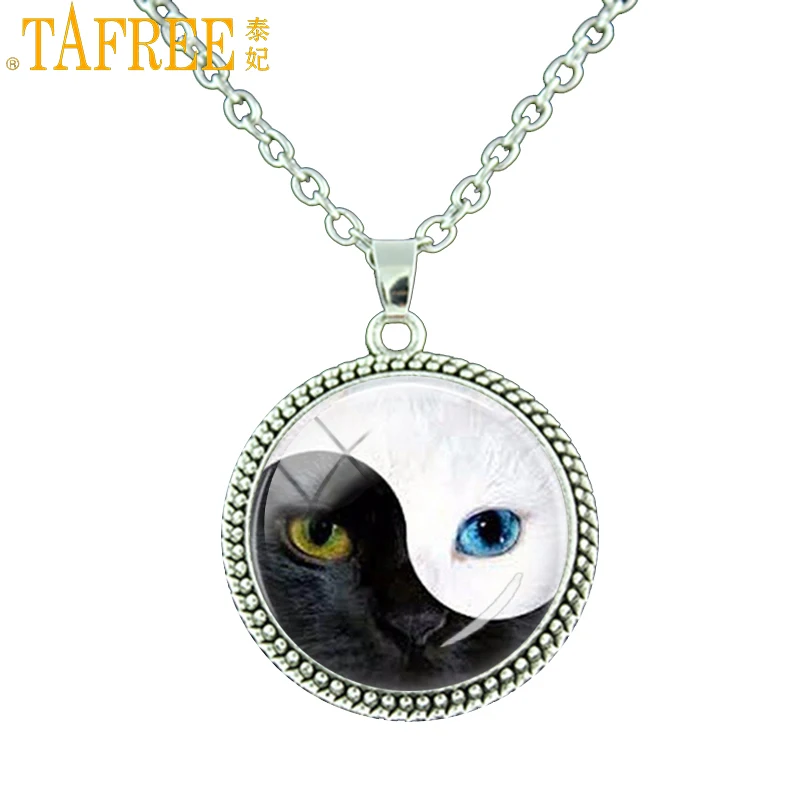 

TAFREE Yin Yang blue eye cat glass pendant silver color chain necklace vintage animal art jewelry for men women necklaces ES165