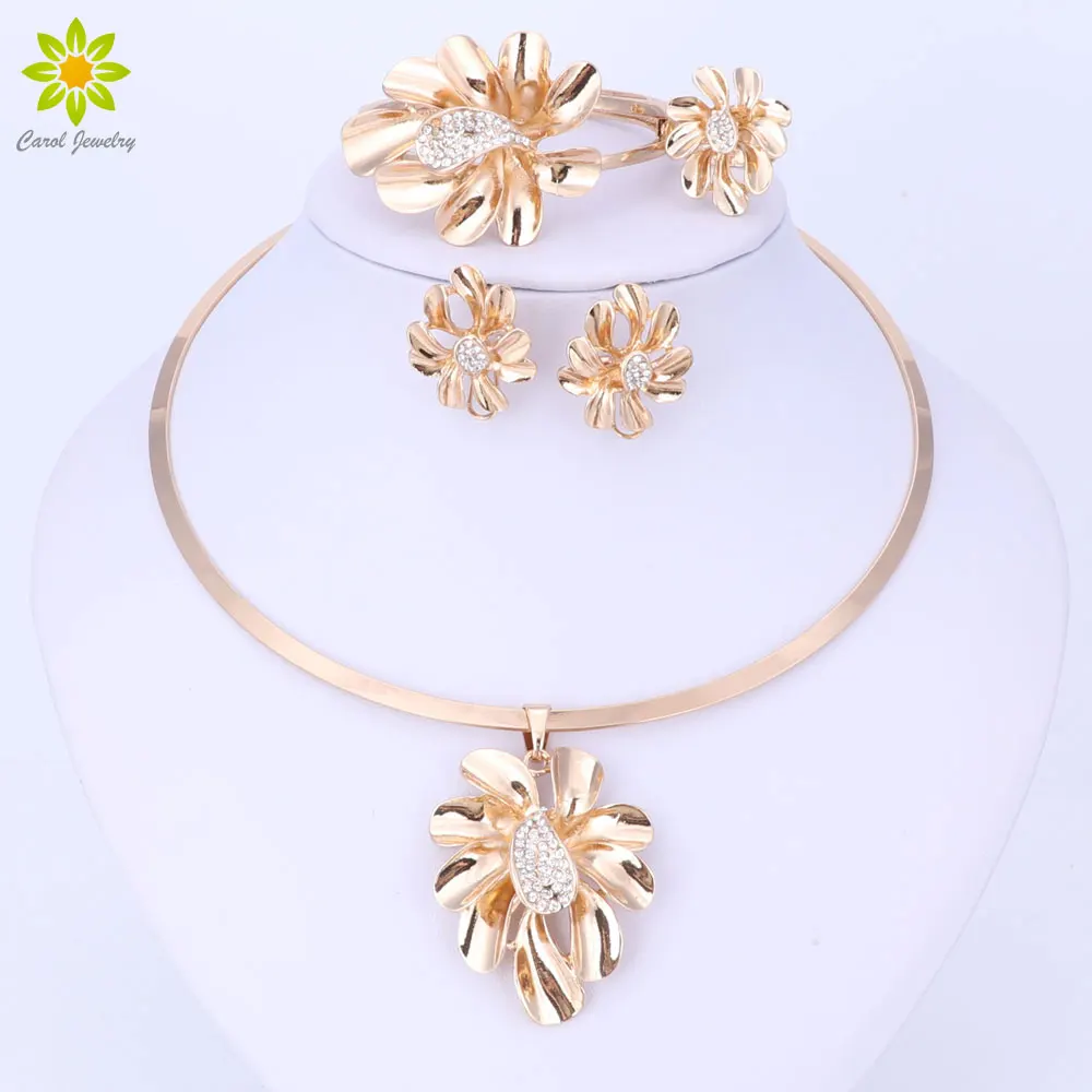 

Gold Color Women Dubai African beads Costume Jewelry Party Flower Shap Necklace Set Fashion Clear Crystal Jewelry Sets