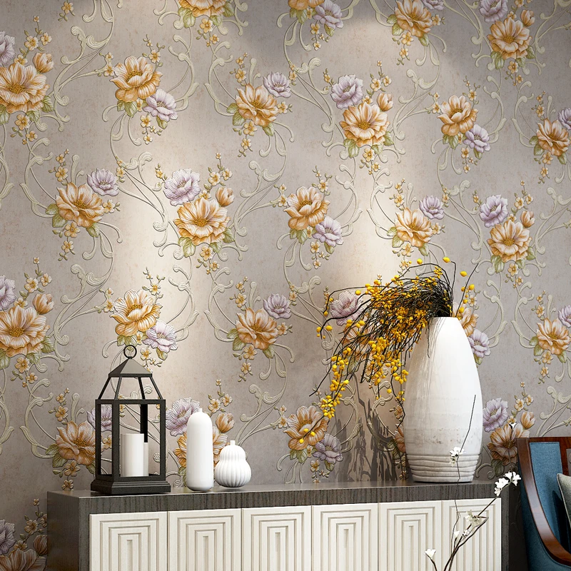 

American Pastoral 3D Embossed Flowers Non-Woven Wallpaper Romantic Warm Living Room Bedroom Home Decor Wallpaper Papel De Parede