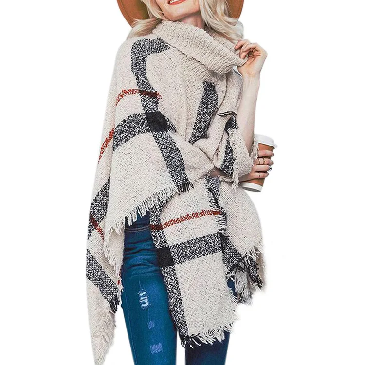 

2019 Sweater Female Medium Long Tall Collar Fringe Cloak Shawl Loose Large Size Knitwear Turtleneck