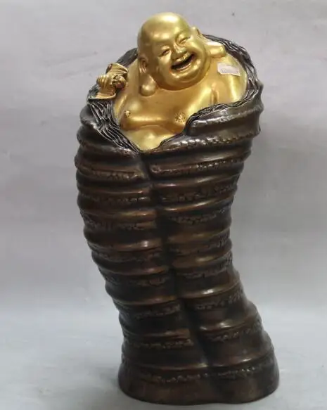 

S5335 15" Marked Chinese Purple Bronze 24K Gold Happy Laugh Maitreya Buddha Bat Statue