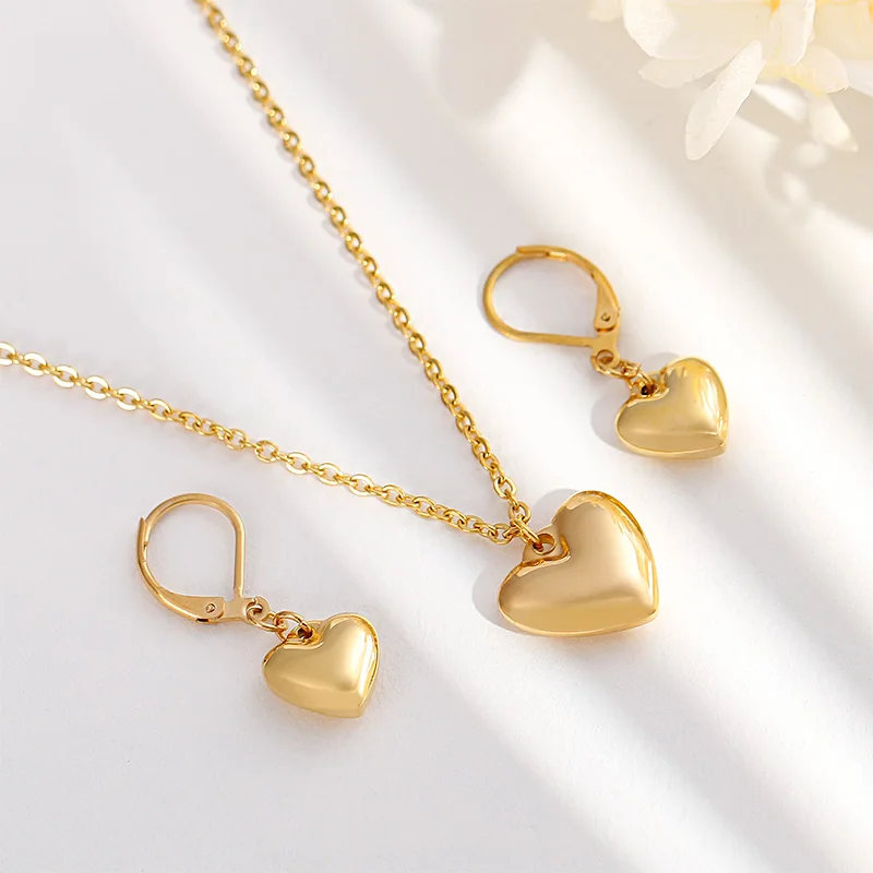 Cute Heart Stainless Steel Bridal Jewelry Sets Necklace Drop Earrings Accessories Set For Women Wedding Gift