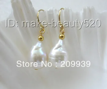 

hj 0041 big 15mm baroque white keshi reborn freshwater pearls dangle earrings 14K 4.29