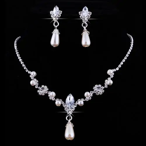 

Bridal Wedding Imitation Pearl Rhinestone Necklace Water Drop Earrings Set hot
