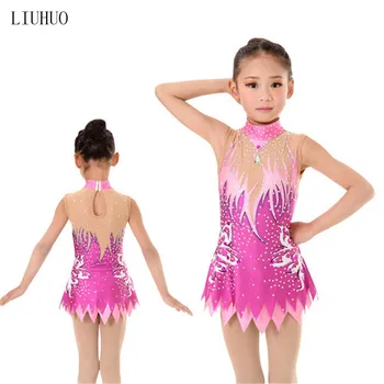 

Girl Women rhythmic gymnastics performance suit Artistic gymnastics dress Pink stand collar without sleeves