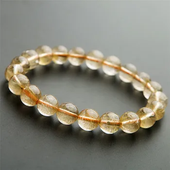 

9mm Natural Yellow Gold Rutilated Quartz Crystal Clear Round Bead Stretch Bracelets For Women Men Drop Shipping