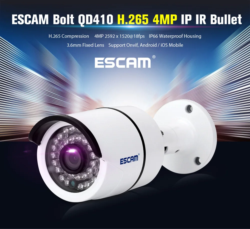 

IP66 36pcs LEDS ESCAM QD410 H.265 4MP Network IP IR Camera Hisilicon Chipset Night Vision Wifi Camera Waterproof Home camera