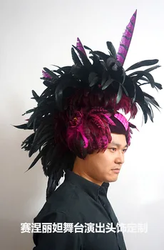 

Custom-made exaggerated black rose red Moxi dry feathered stage performance headgear ornament