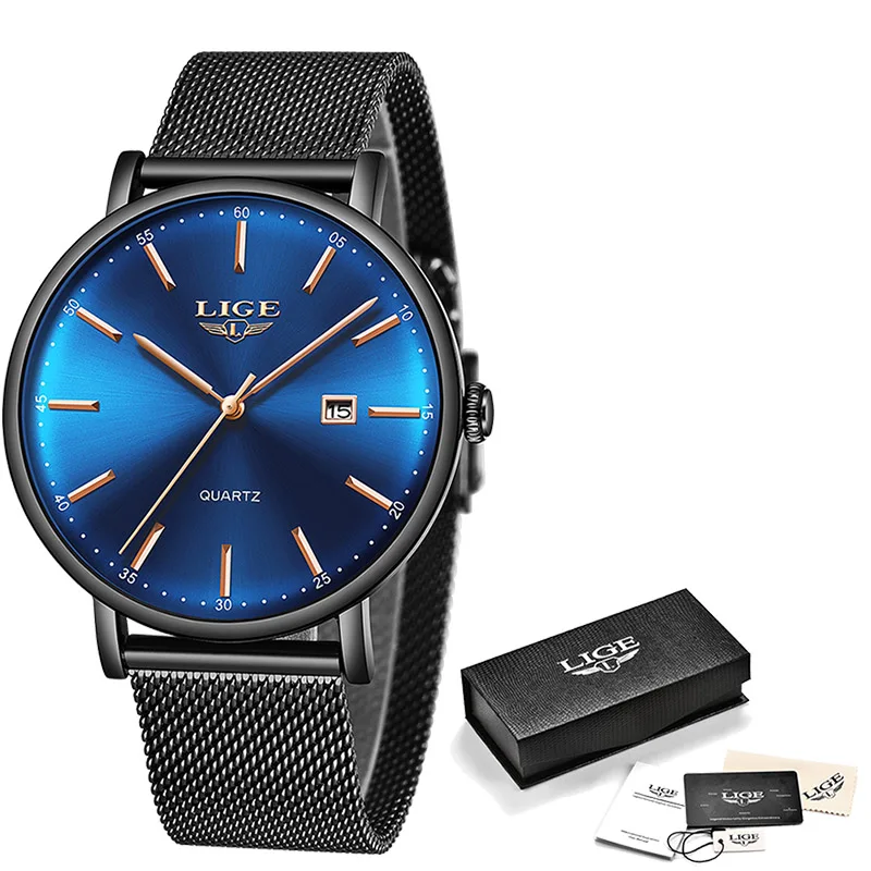 Black blue LIGE, новинка, розовое золото, женские часы, Бизнес Кварцевые часы для девушек, Топ бренд, роскошные женские наручные часы, женские часы, Relogio Feminin - Цвет: Black blue