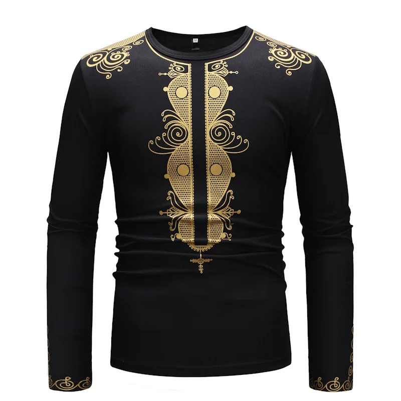 Для мужчин s черный Африканский Dashiki Платье с принтом рубашки 2019 Фирменная Новинка с круглым вырезом футболка с длинным рукавом для мужчин в