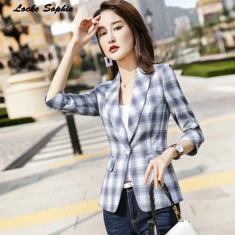 1pcs Womens Plus size Blazers coats 2019 Summer cotton Single buckle plaid Small Suits jackets ladies Skinny Blazers Suits coats