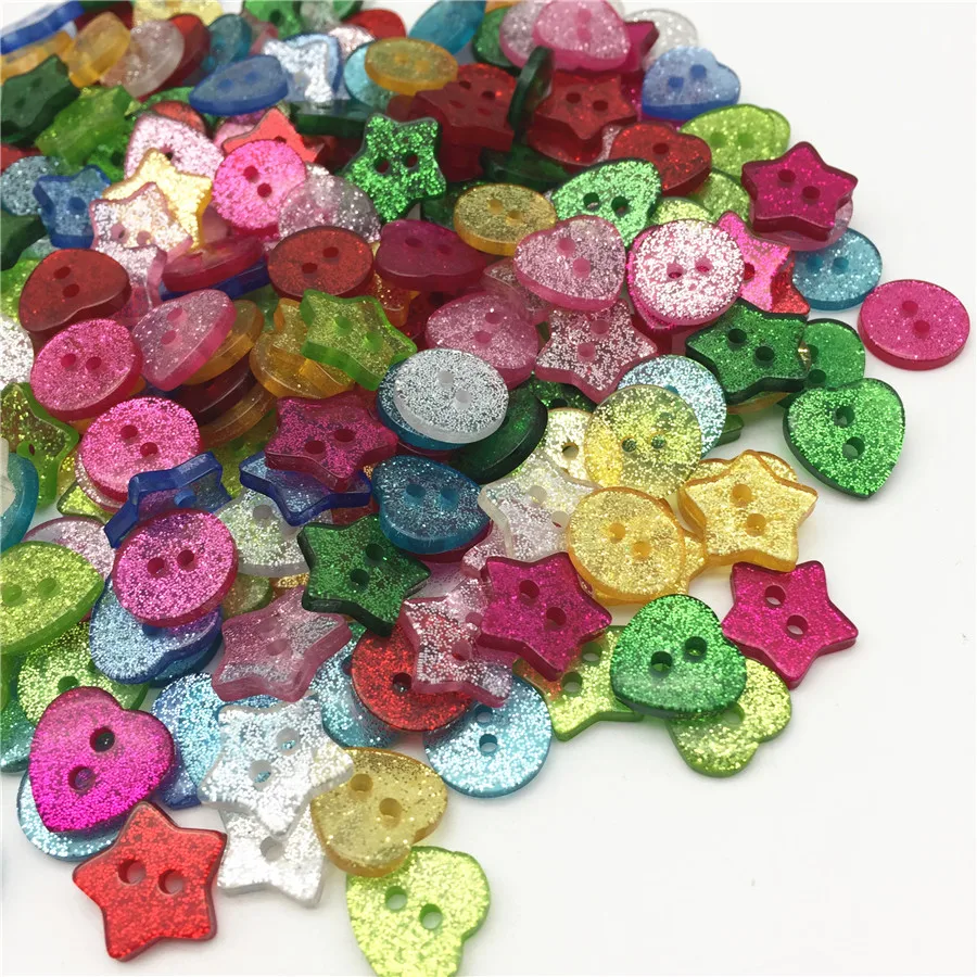 

200pcs Sparkle Glitter Heart Star Round Mixed 2 Holes Sewing Buttons Shiny Clothing Accessories Scrapbooking Button 13 Colors