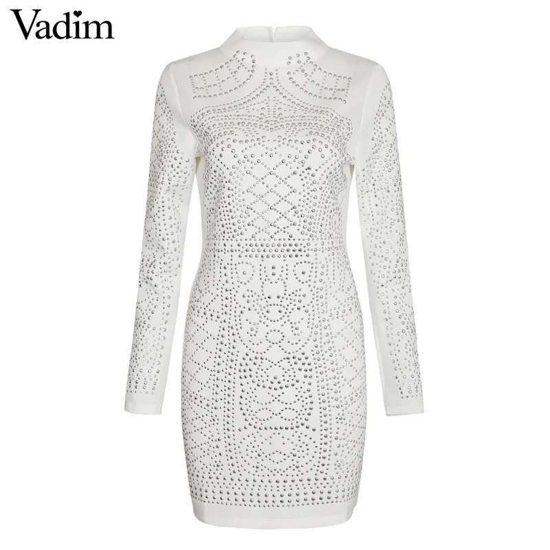 Модное сексуальное платье с геометрическим узором, стразы, водолазка с длинными рукавами, облегающее платье, вечернее платье ZC004 - Цвет: White