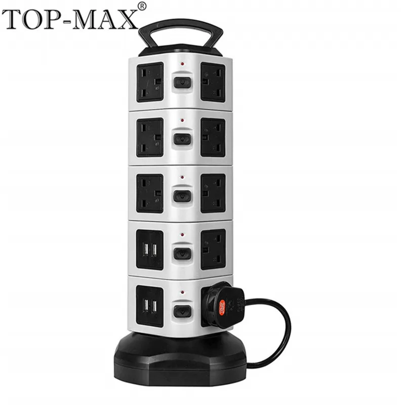 

TOP-MAX 5 Layer Extension Socket UK Plug 18 Outlets 4 USB Ports 2M Cable Vertical Socket Strip Socket With Overload Protector