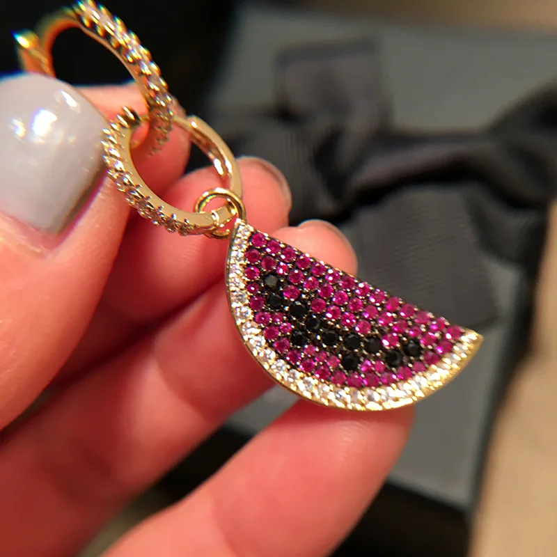 

Queen Lotus New Statement Earrings Women Fashion Cute Watermelon Drop Earrings Jewelry Dangle Earrings AAA Zircon Asymmetry