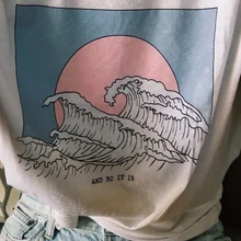 HahayuleAnd So It Is Ocean Wave Эстетическая Футболка женская Tumblr 90s Модная белая футболка милые летние топы