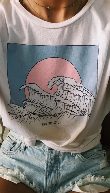 $US $10.23  hahayuleAnd So It Is Ocean Wave Aesthetic T-Shirt Women Tumblr 90s Fashion White Tee Cute Summer To