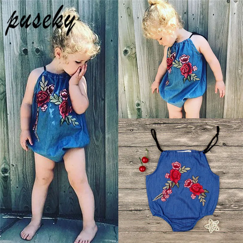 Puseky Embroidery Demin Newborn Infant Baby Girl Rose Floral Romper