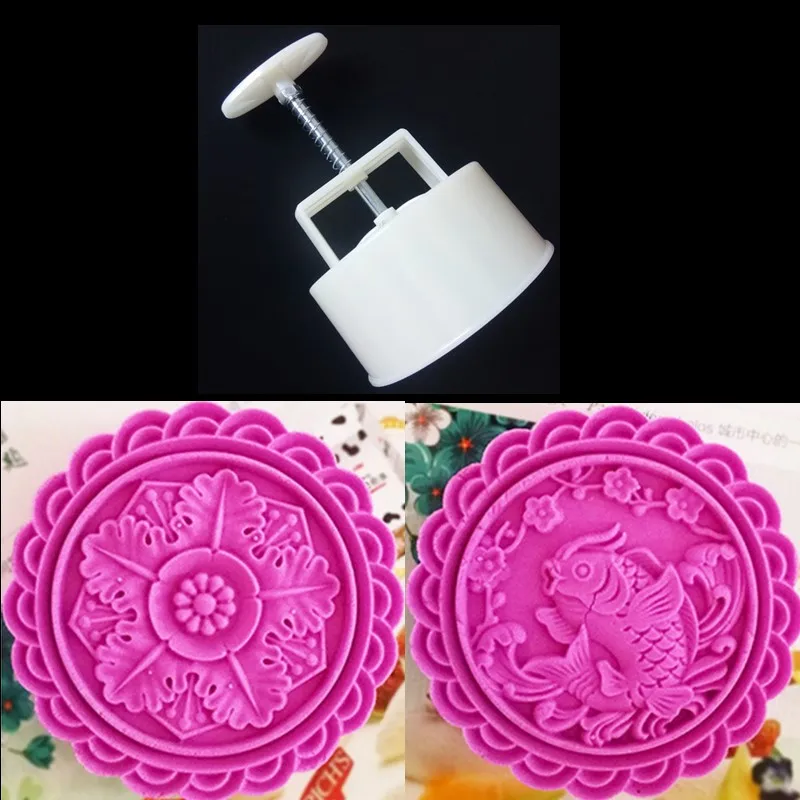 

New Cake Plunger Tools Round 10 CM Moon Cake Mold Hand Press Fish Flower Stamp Kitchen Bakeware Supplies Plastic Molds For Cakes