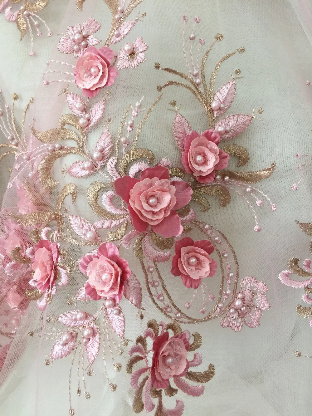 

2 pieces 3D pearl beaded flower lace applique piece in dust pink for bridal hair flower