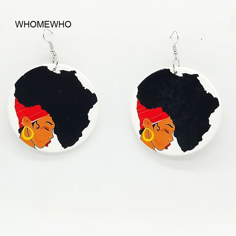 

Bohemia Wood Painting Africa Map African Girl Round Silver Metal Drop Earrings Women Wooden Fashion Hiphop Tribal DIY Jewelry