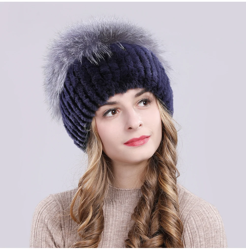 Outdoor Women Warm Soft Genuine Rex Rabbit Fur Hat Knitted Natural Real Sliver Fox Fur Caps Winter Real Rabbit Fur Beanies Hats