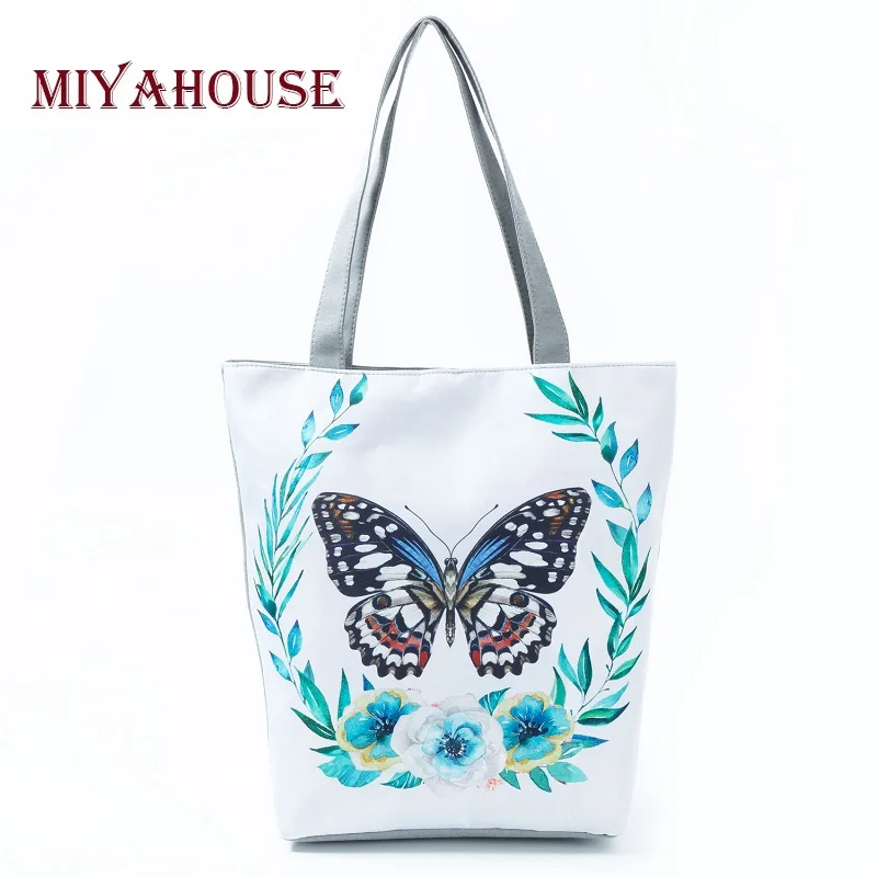 Miyahouse, новинка, летняя пляжная сумка, женская сумка, с принтом бабочки, сумка на плечо, женская, холщовая, одиночная, для покупок, сумки, Цветочная сумка-тоут