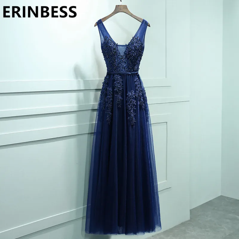 Vestido De Festa V Neck Cap Sleeve Vintage Lace Appliques Beaded Navy Blue Bridesmaid Dresses Women Formal Party Gowns