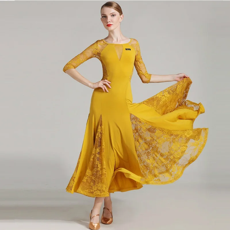 

Lady Ballroom Dancing Dress Women Modern Waltz Tango Standard Costumes Female Dance Practice Lace Dress Half Sleeve Oneck D-0329