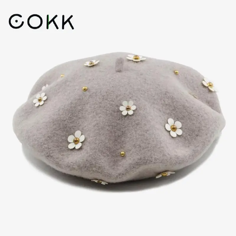 

COKK Wool Berets Autumn Winter Hats For Women Daisy Flower Pattern Hat Female Artists Painter Cap Soft Boina Feminina New