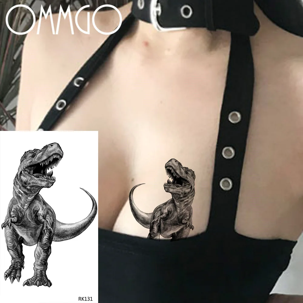OMMGO реалистичные Тираннозавр Рекс Динозавр Временные татуировки для детей мужские наклейки предплечья поддельные татуировки боди арт рука черный
