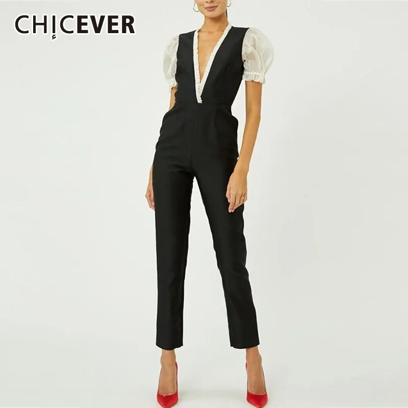 CHICEVER Summer Streetwear Hit Color Ruffles Jumpsuit Women V Neck Short Puff Sleeve High Waist Straight Ankle-Length Jumpsuits | Женская