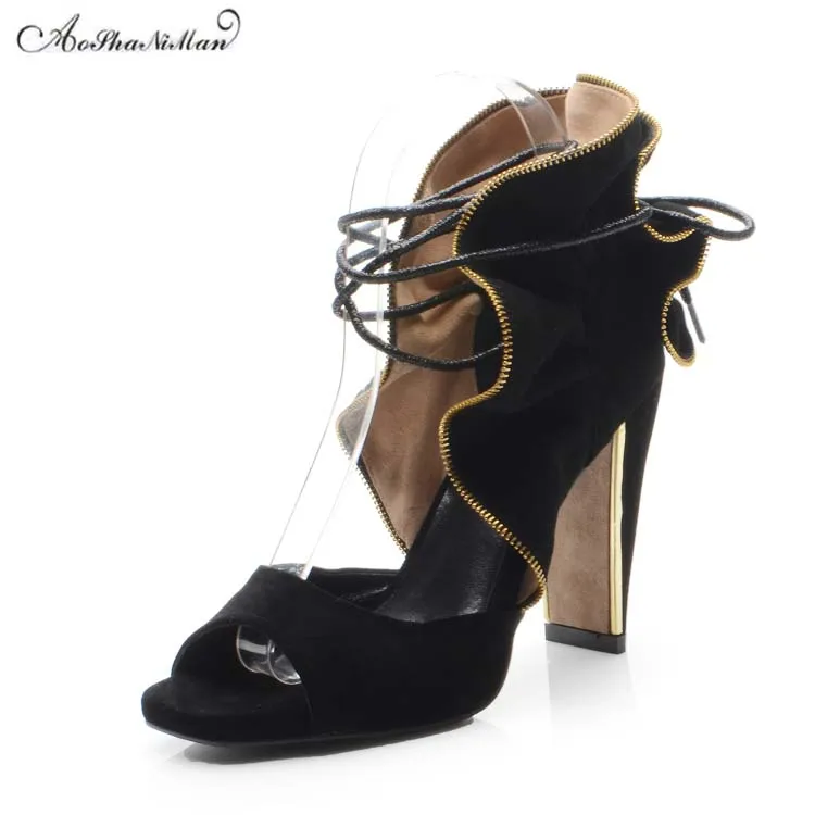 

2019 100 real leather suede sandals women Fashion thick heel 10cm summer shoes Sexy black pop toe party shoes with metal zipper