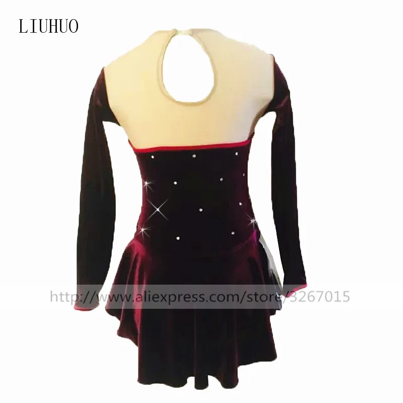 Figure Skating Dress Women's Girls' Ice skating Dress Wine red round neck long sleeve Red stripes Bow tie Pure hand-made diamond