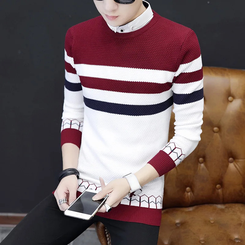 Mens Sweaters Clothes 2019 Classic Simplicity Pullover O-Neck Sweater Men Striped Long Sleeves Grey Black Teenagers Sweaters