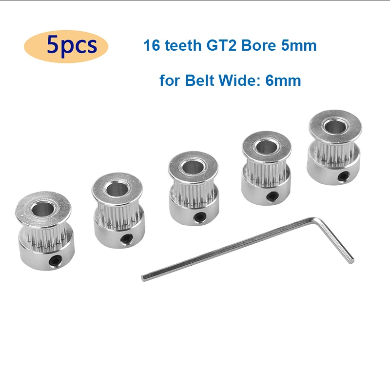 

5PCS 16 teeth GT2 Timing Pulley Bore 5mm for Rubber 2GT Open Timing belt width 6mm small backlash 16T+1pc Wrench