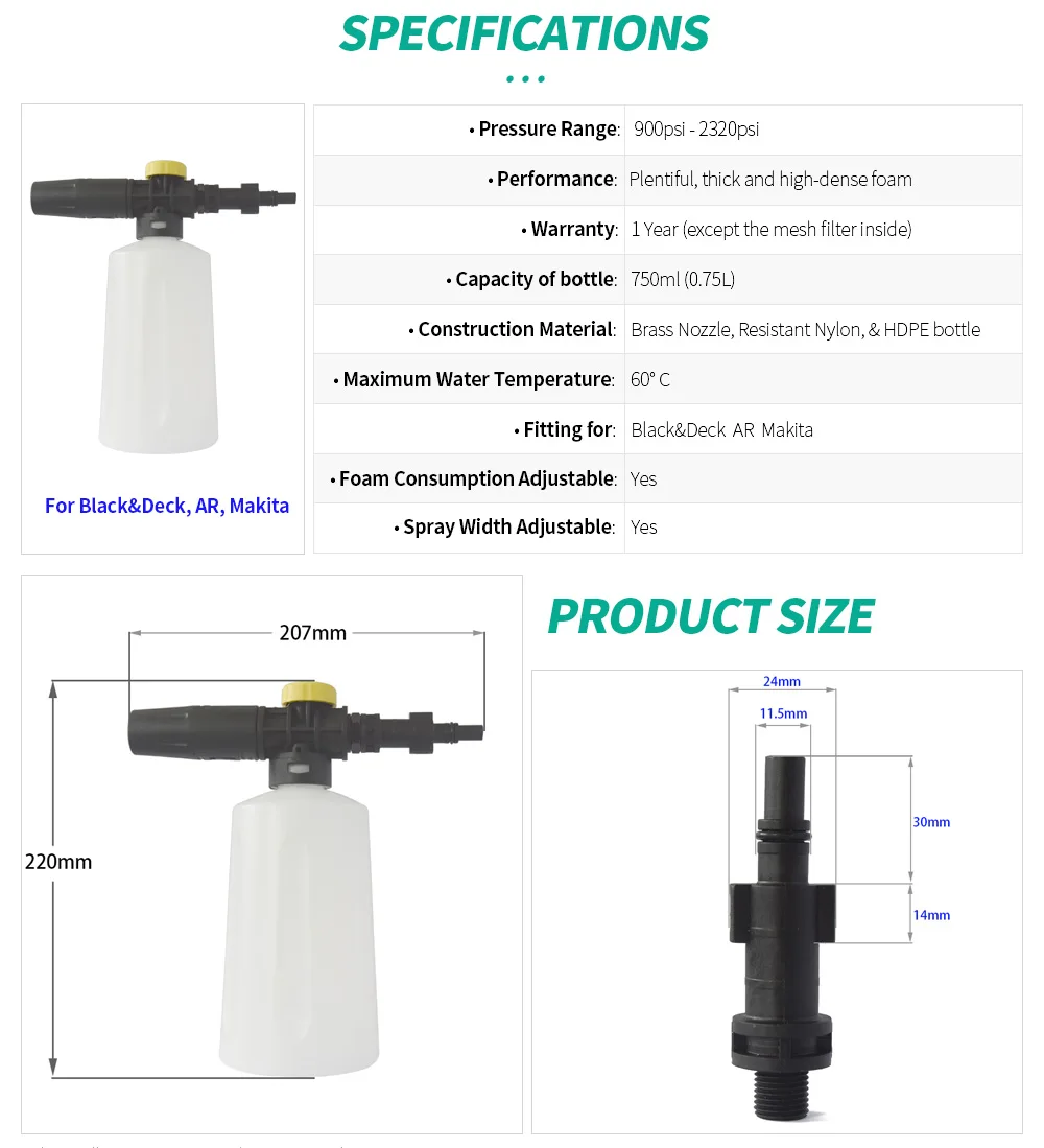 Мойка высокого давления Снег пена Лэнс высокое давление шайба 750 мл пеногонная пушка для черный и палуба AR Makita Bosch AQT автомобиля детали омывателя город волк