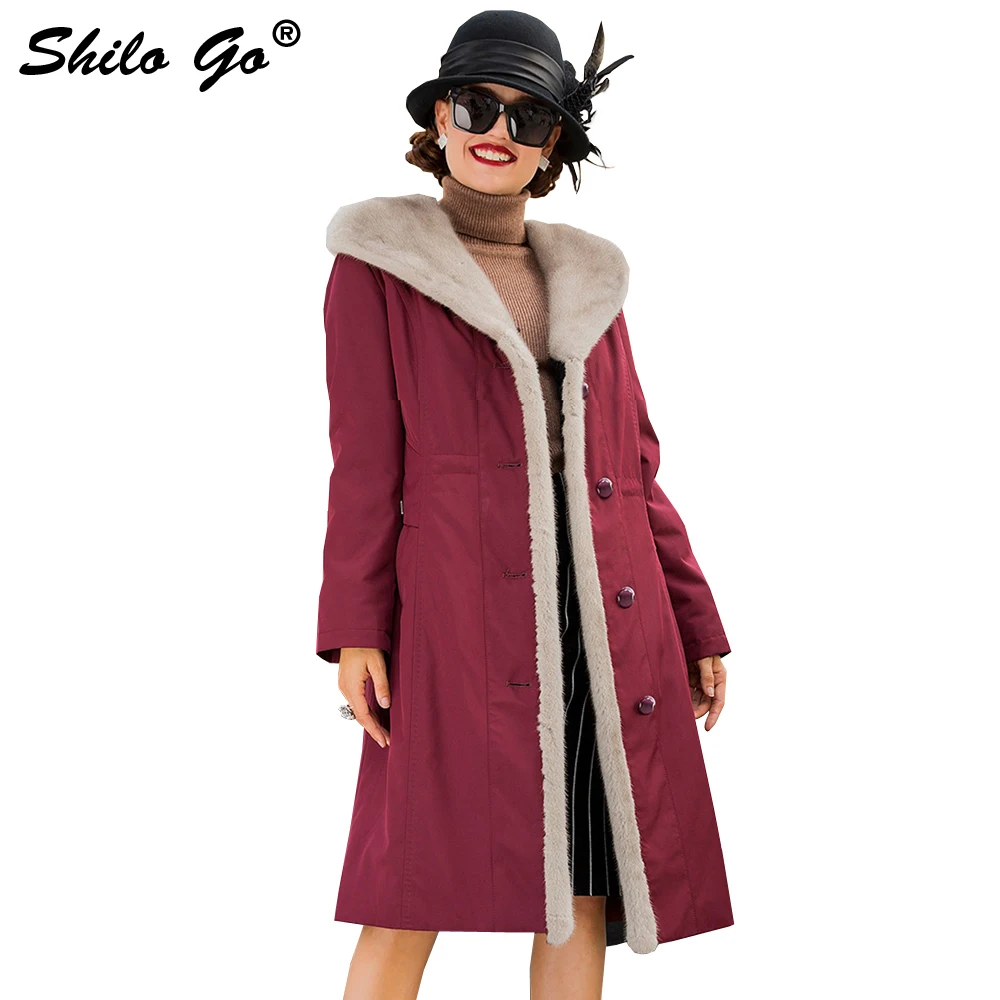 3XL New Womens Winter Wine Red Jacket Coats Thick Parkas Plus Size Real Mink Collar Hooded