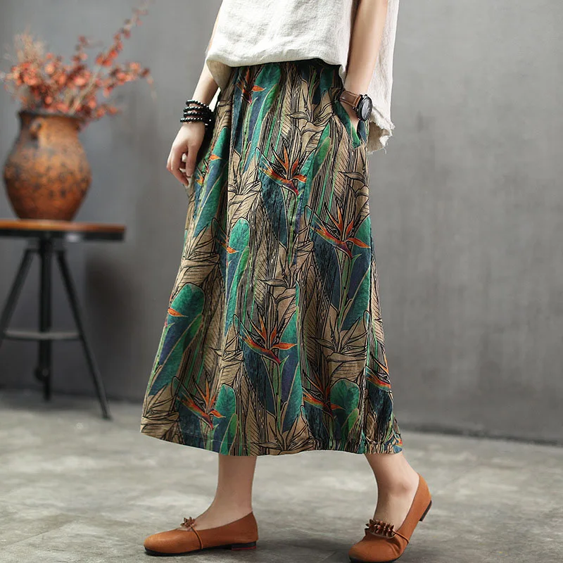  Ethnic Print Long Skirts Women High Waist Midi Skirt Linen 2019 Summer All-Match Skirt Ladies Green Beach (1)